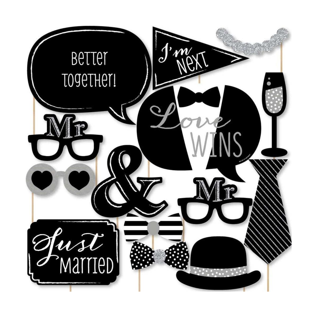 Mr. and Mr. - Silver - Gay Wedding Photo Booth Prop Kit, DIY Props - 20pc