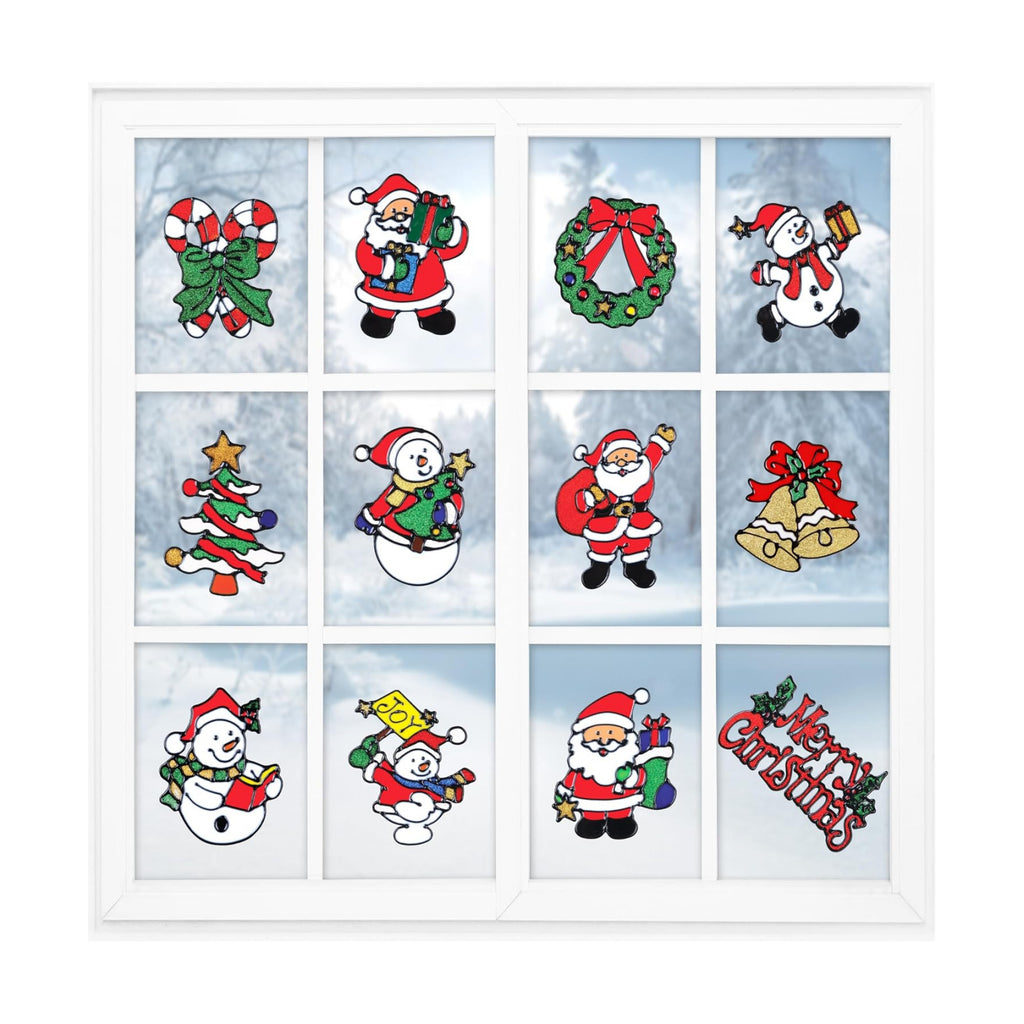12 Pack Christmas Window Clings Stickers for Glass - Xmas Decor Vinyl Decal