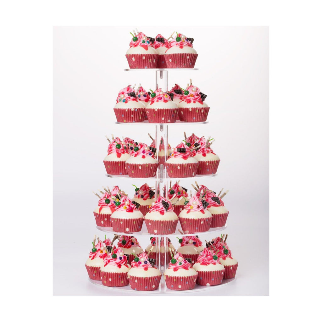 YestBuy 5 Tier Round Acrylic Cupcake Tree Tower Display Stand Display for Pastry Wedding Birthday Party (5 Tier Round (4" Between 2 Layers))