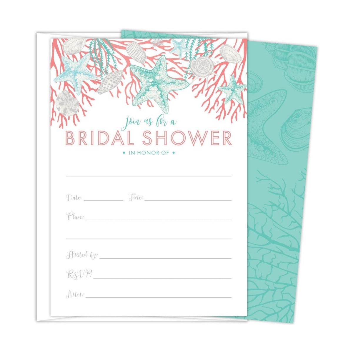Beach Bridal Shower Invitations Set of 25 Cards and Envelopes, Fill-In Style with Corals, Shells and Starfish. Printed on Heavy 140lb Card Stock.