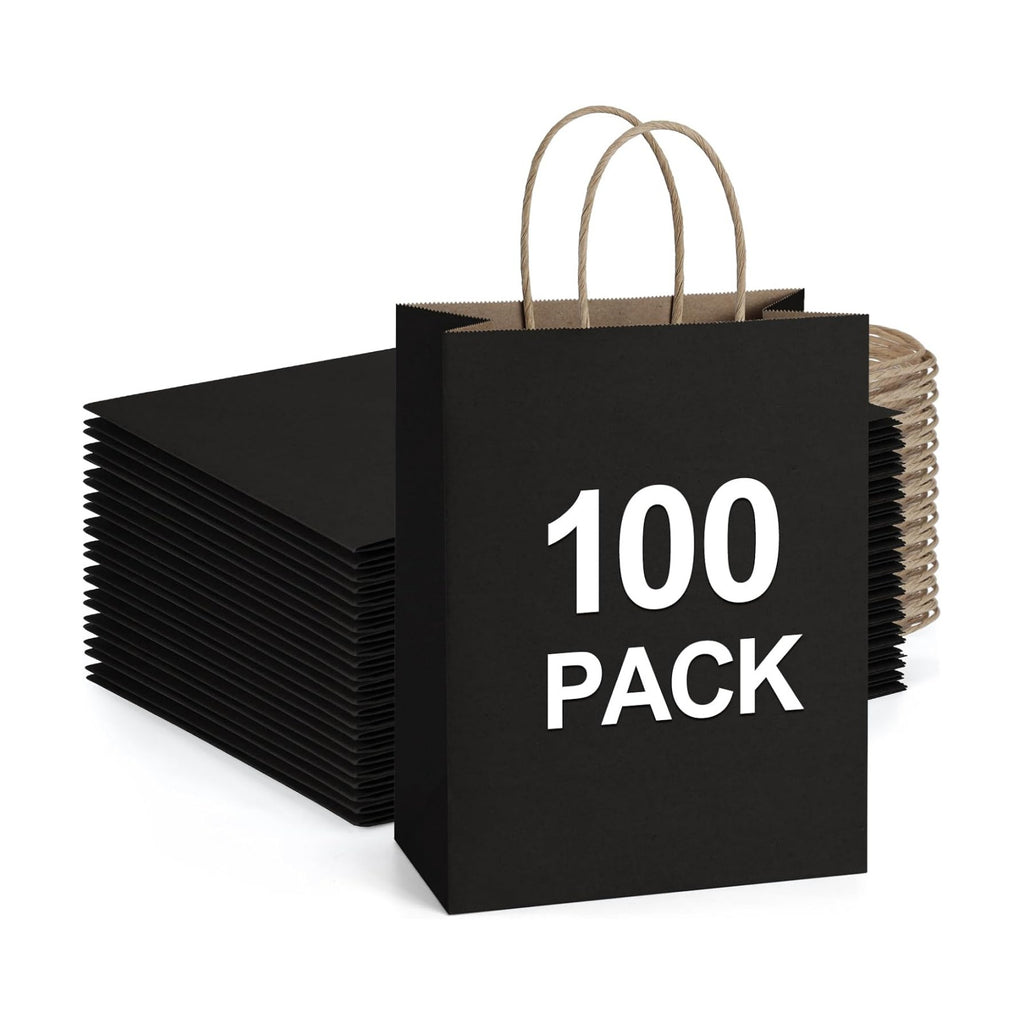BagDream Recyclable Kraft Paper Gift Bag, 8x4.25x10.5 Inches, 100Pcs, Black, with Handles, Bulk, FSC Compliant, Multipurpose