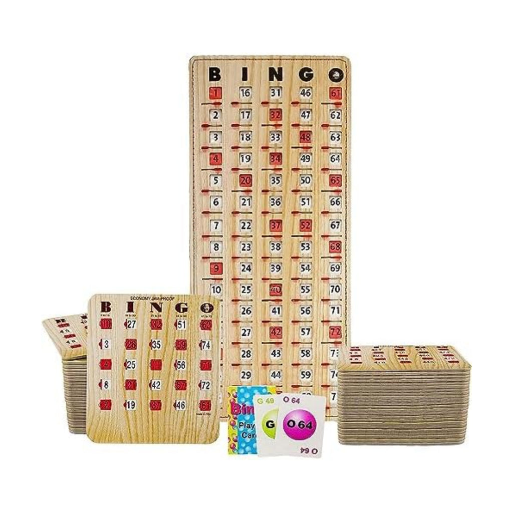 MR CHIPS Jam-Proof Bingo Cards with Sliding Windows, 50 Reusable Shutter Cards, 75 Calling Cards 1 Master Board in Tan Woodgrain Style