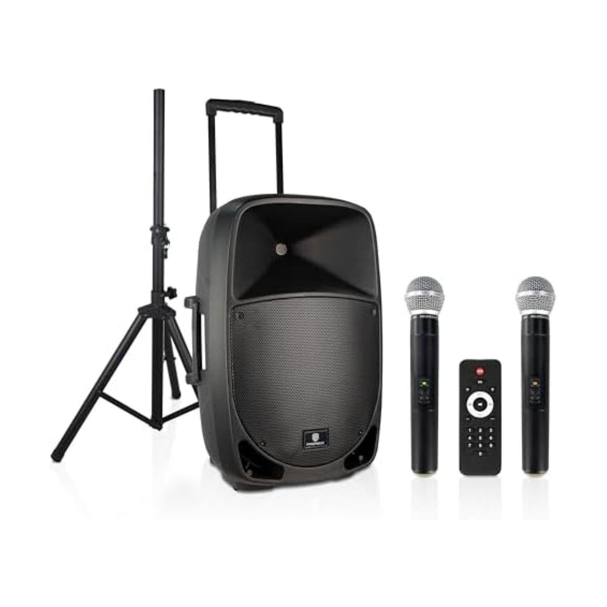 PRORECK Portable 12 Inch 1200W Powered PA/DJ Speaker System with Rechargeable Battery, 2 Wireless Mics, Bluetooth, USB, SD, FM Radio, Remote, Speaker Stand for Parties, Karaoke, speeches, Outdoor