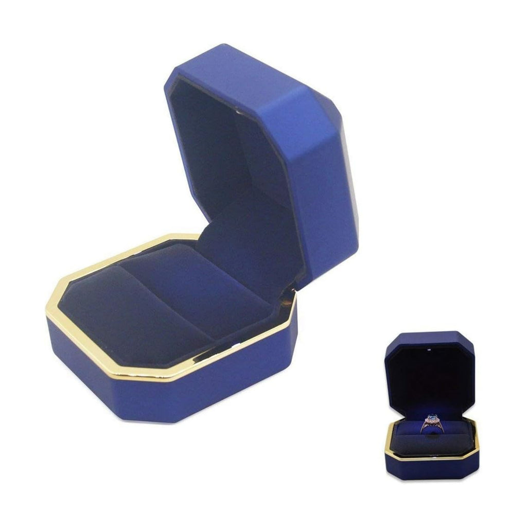Luxury Ring Box, Square Velvet Wedding Ring Case Jewelry Gift Box with LED Light for Proposal Engagement Wedding, Blue