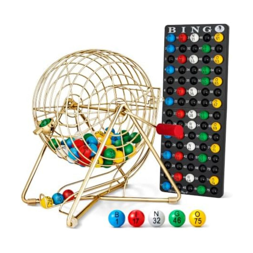 MR CHIPS 11" (Inch) Tall Professional Bingo Set with Steel Cage, Everlasting 7/8” Balls, Master Board for Balls - Luxury Gold Color