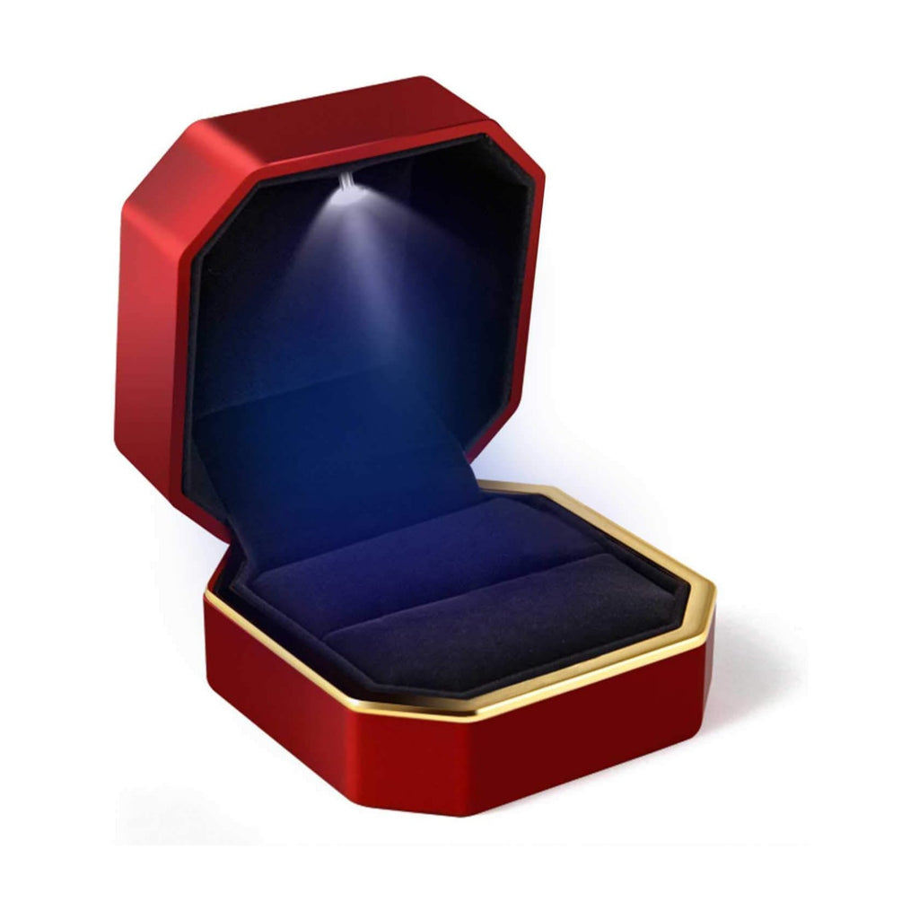 Luxury Ring Box, Square Velvet Wedding Ring Case Jewelry Gift Box with LED Light for Proposal Engagement Wedding, Red
