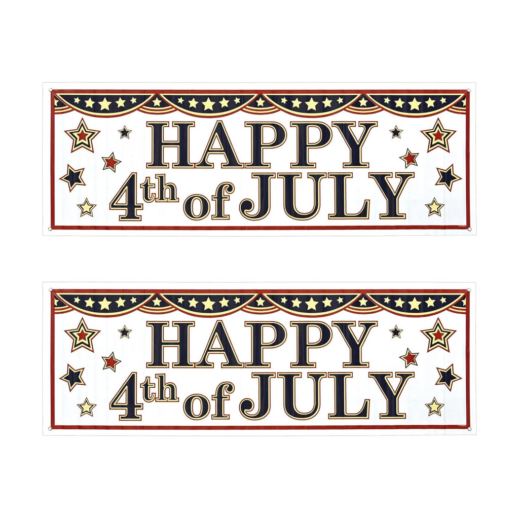 Beistle Happy 4th of July Sign Banners, 21” x 5’, 2 Pack – Summer Patriotic Holiday Welcoming Party Supplies with Stars, Independence Day Decorations for Indoors & Outdoors