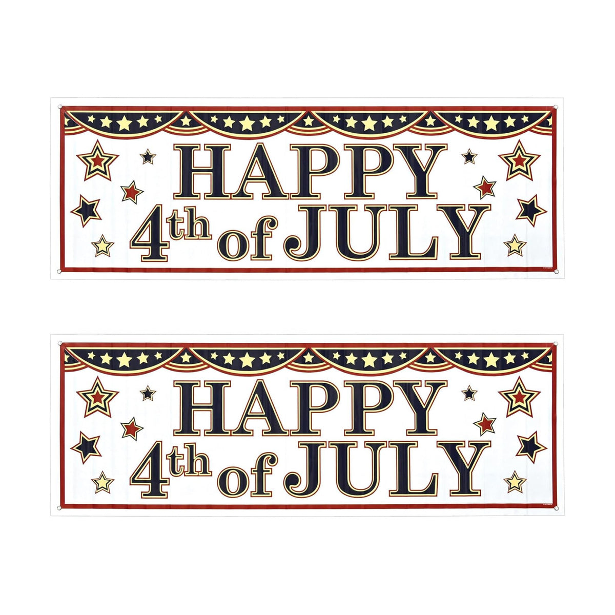 Beistle Happy 4th of July Sign Banners, 21” x 5’, 2 Pack – Summer Patriotic Holiday Welcoming Party Supplies with Stars, Independence Day Decorations for Indoors & Outdoors