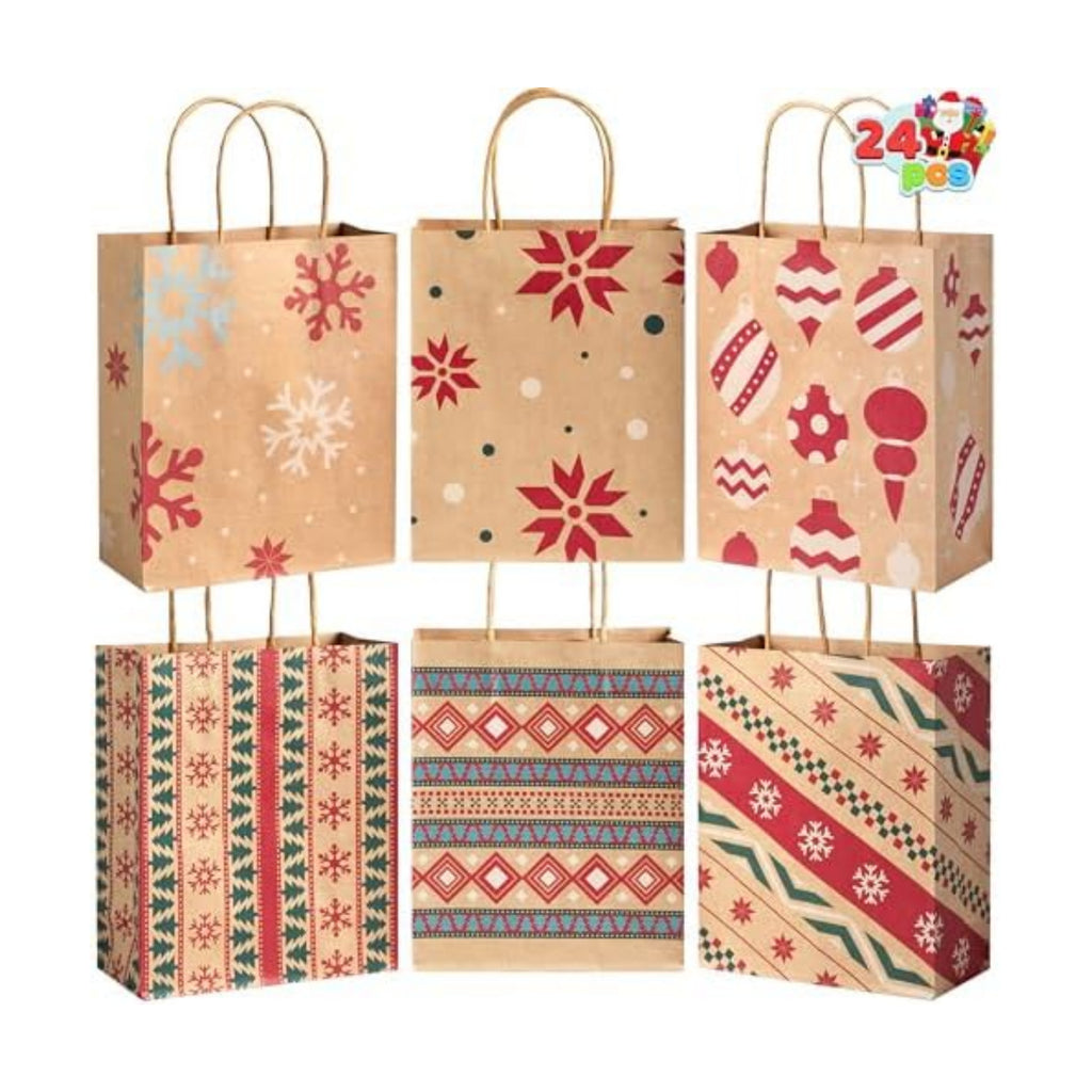 JOYIN 24 PCS Christmas Kraft Gift Bags for Present Wrapping, Holiday Paper Goody Gift Treat Candy Bags for Xmas Decor Supplies Classrooms Wedding and Party Favors (9" x 7.3" x 3.3")
