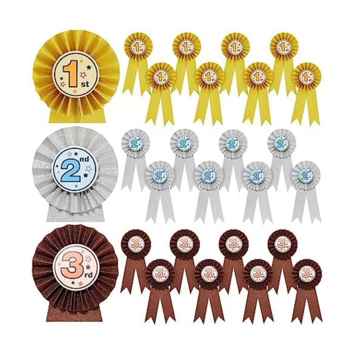 Juvale First Place Ribbons - 3.25-in Dia x 7.5-in, Gold, Silver & Bronze, Modern, 24-Pack - Peel & Stick Adhesive Polypropylene Rosettes - Field Day & Student Achievement Awards