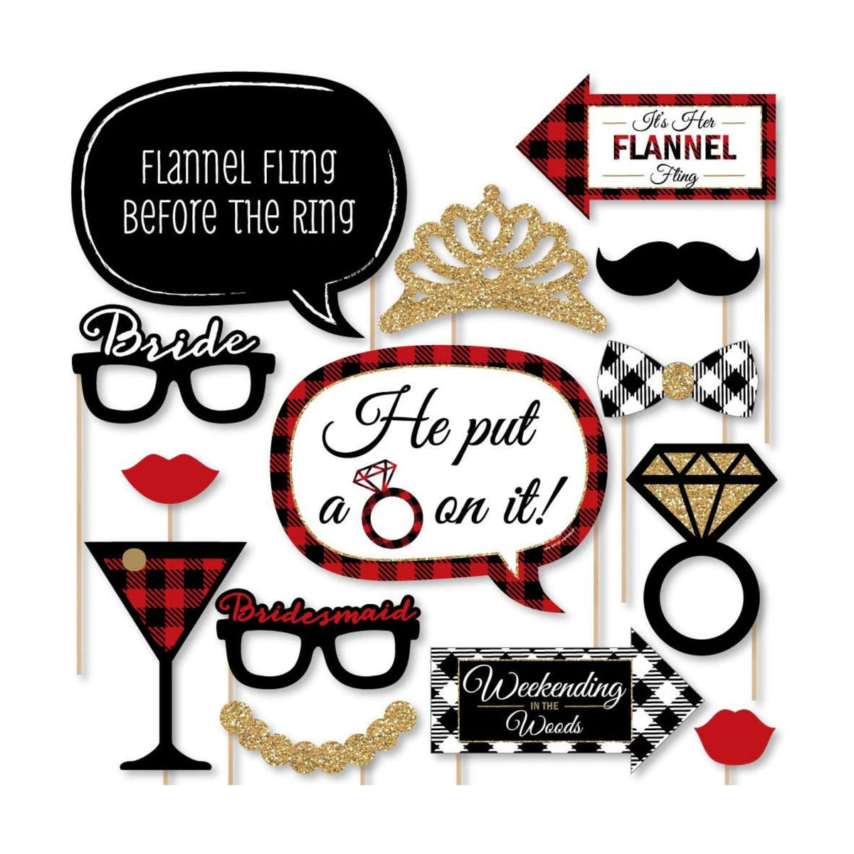 Flannel Bridal Shower Photo Booth Prop Kit, DIY Cardstock Props - 20pc