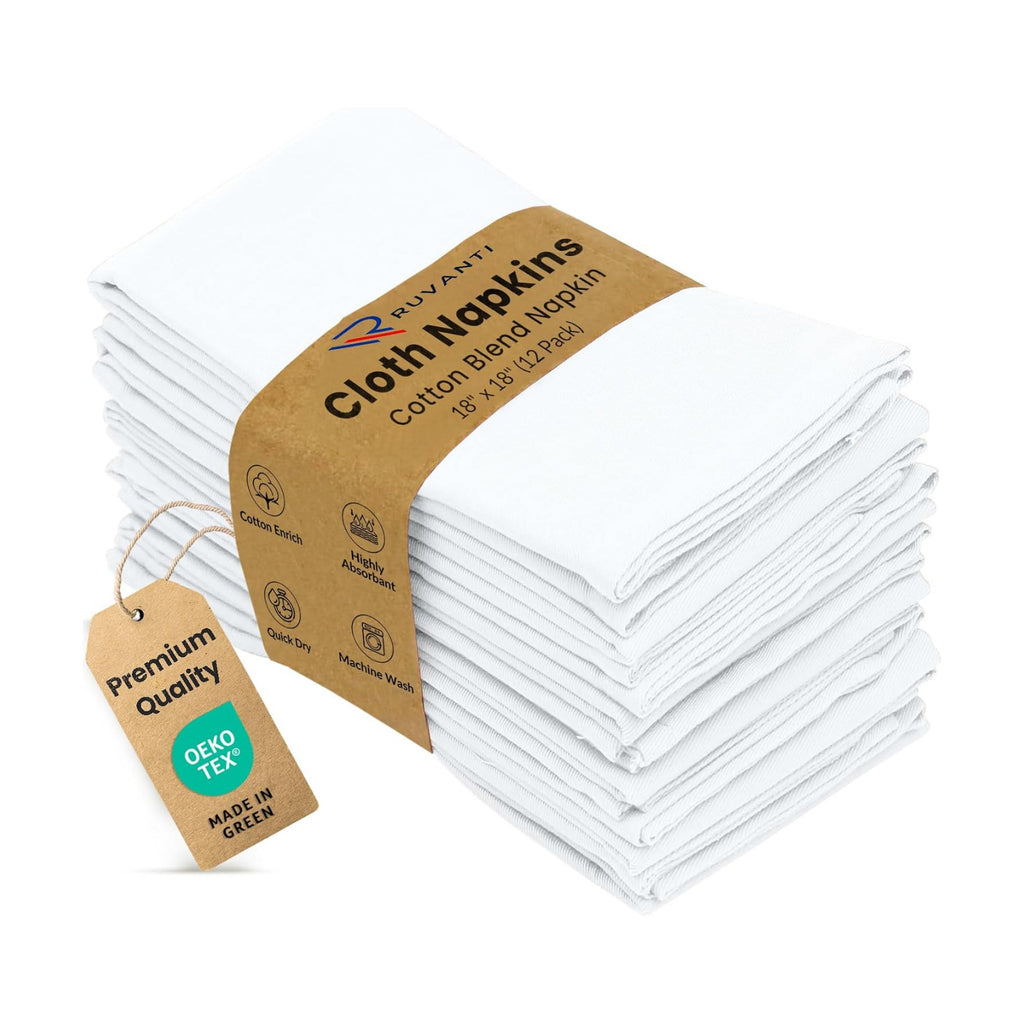 Ruvanti Cloth Napkins Set of 12, Cotton Enrich 18”x18” - White
