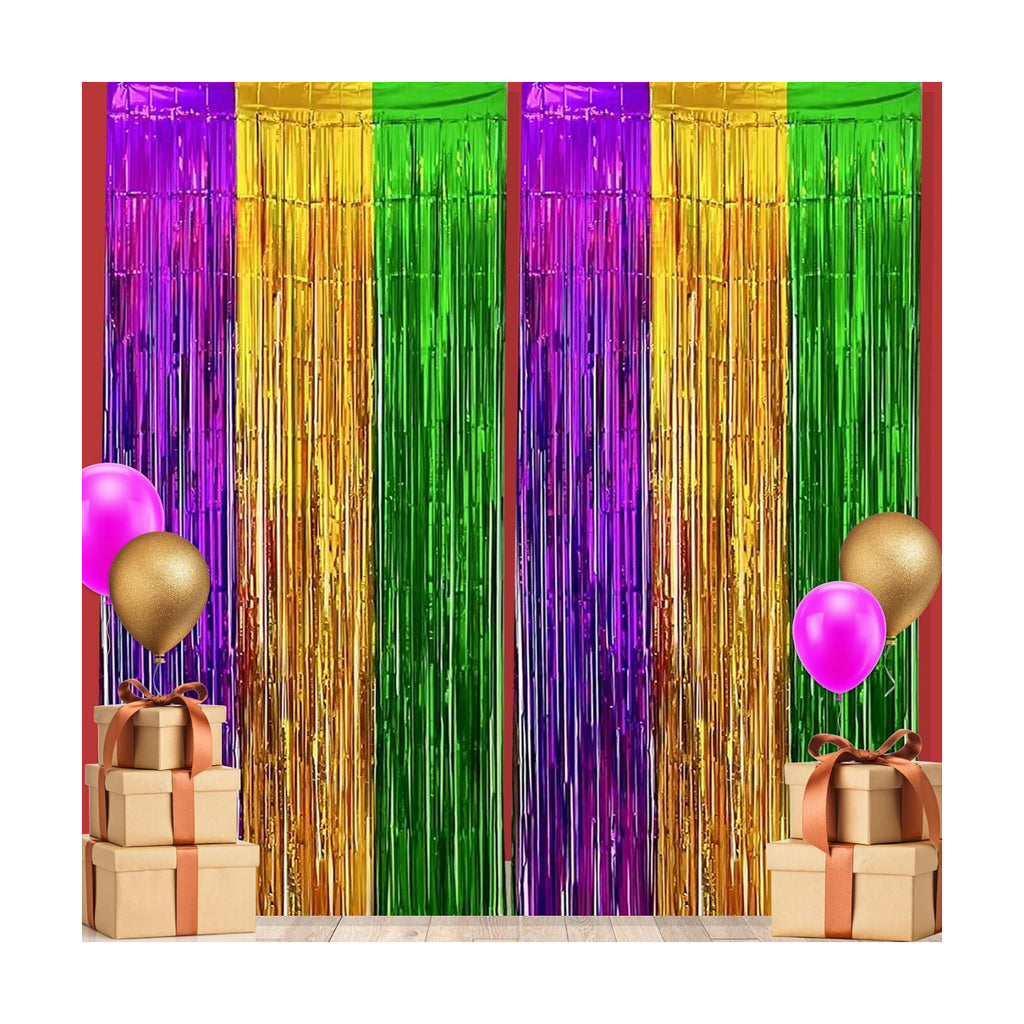 GiftExpress 2-Pack 3.33 FT x 8.33 FT (Total 6.66 FT x 8.33 FT) Mardi Gras Metallic Foil Fringe Curtain, Mardi Gras Themed Party, St. Patricks Day Tinsel Backdrop, Foil Fringe Photo Booth Props