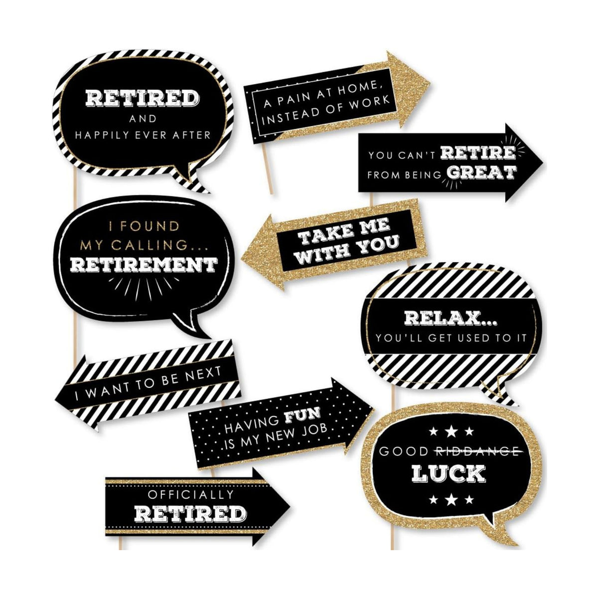 Funny Happy Retirement Party Photo Booth Prop Kit, DIY Setup - 10pc