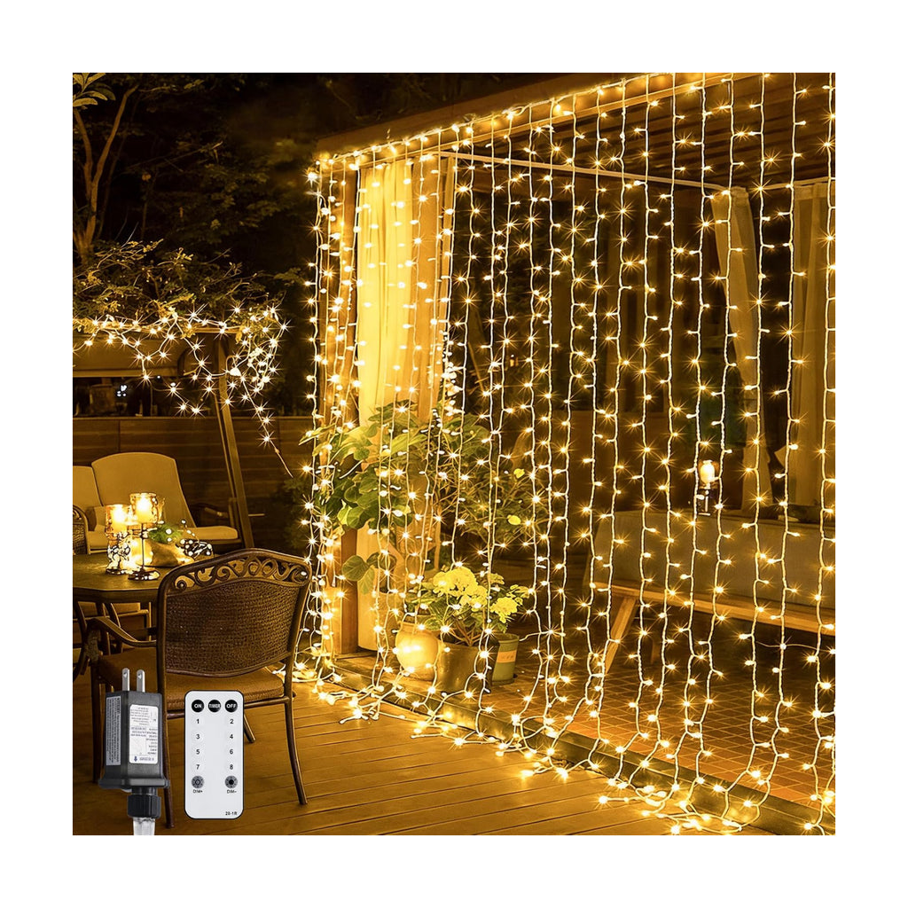 JMEXSUSS 300 LED Remote Control Curtain Lights, Plug in Fairy Curtain Lights Outdoor, Window Wall Hanging String Lights for Bedroom Indoor Dorm Backdrop Wedding Party Patio Christmas Decor, Warm White