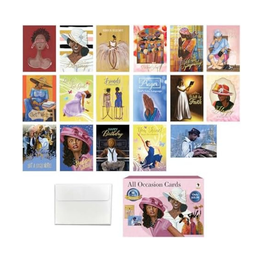 African American Birthday Cards Assortment Box – Set of 18 All Occasion Black Greeting Cards with Envelopes – Beautiful Black Women Designs – Premium Cardstock use for Mother's Day