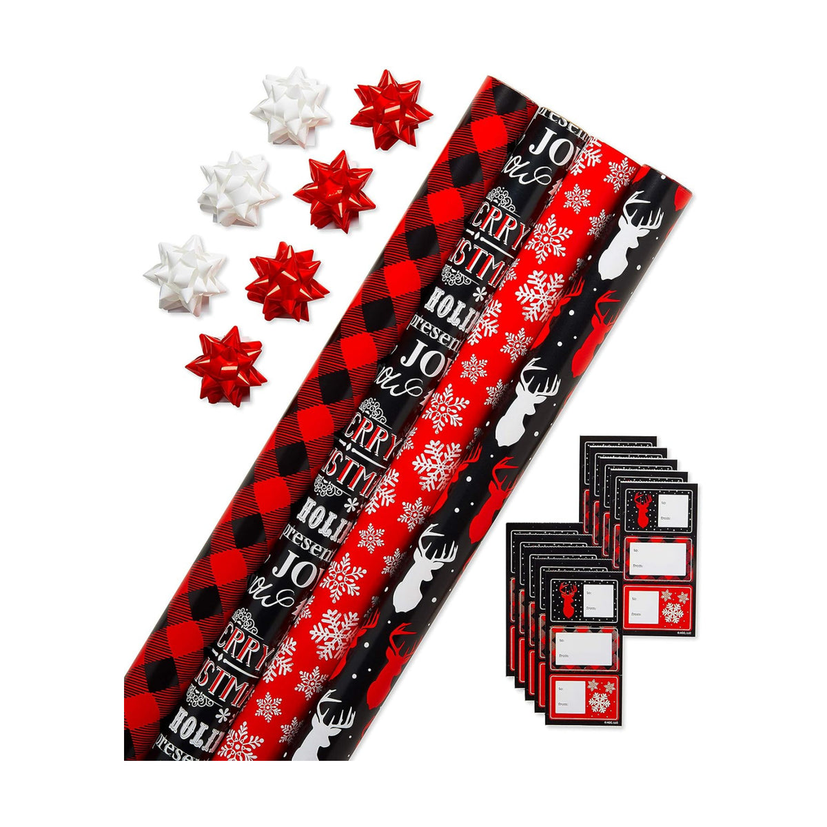 American Greetings Christmas Wrapping Paper, Red and Black Buffalo Plaid Holiday Gift Wrap Set (120 sq.ft., 4 rolls-30 in. x 12 ft., 7 Adhesive Bows, 30 Gift Tag Stickers) Rustic, Snowflakes, Reindeer