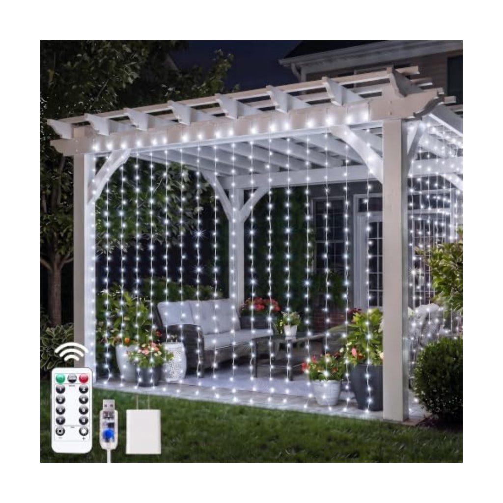 Brightown Curtain String Lights, Hanging Fairy Lights with Remote, 8 Modes, Waterproof Window Lights for Bedroom Backdrop Wedding Outdoor Christmas Party, White, 300LEDs