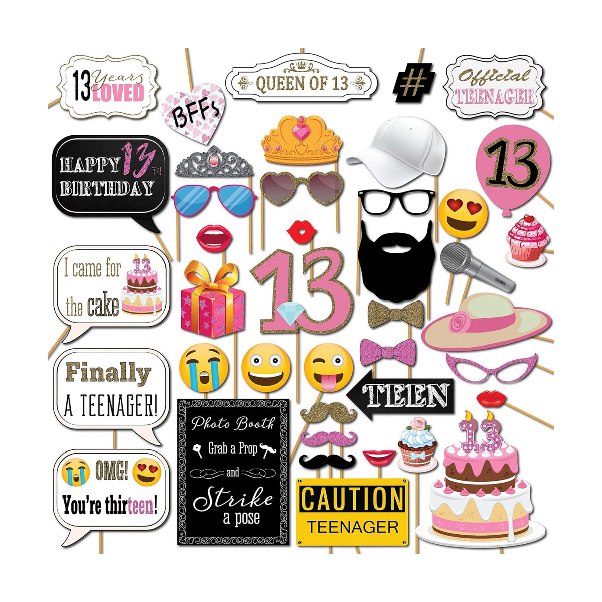 13th Birthday Photo Booth Props - 41-pc Photo Prop Kit with 8 x 10-Inch Sign, 60 Adhesive Pads, 45 Sticks - Teen Girl Photo Booth Props - Party Supplies 13th Birthday