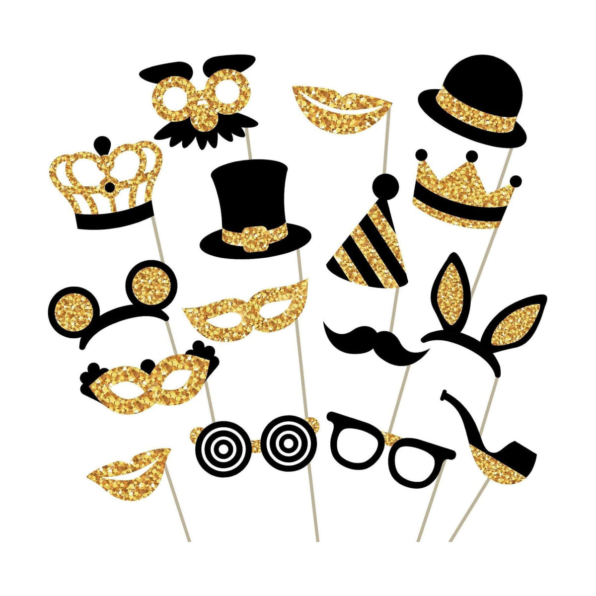 Premium Birthday Photo Booth Props Kit, 16 Black & Gold (No Glitter), Durable & Easy-to-Use Photobooth Props Signs for Memorable Photos & Unforgettable Celebrations by PixiPy