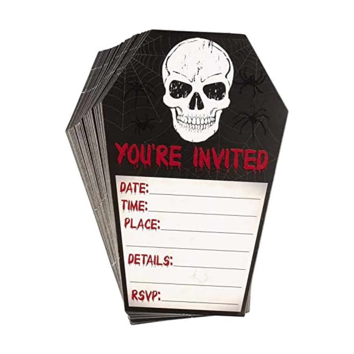 Juvale Halloween Invite Cards - 60 Pack 4.6 x 7 In Coffin Shape Black Retro - Fill-In Skull Design & Envelopes With RSVP - Party Invites & Horror Halloween Invitations
