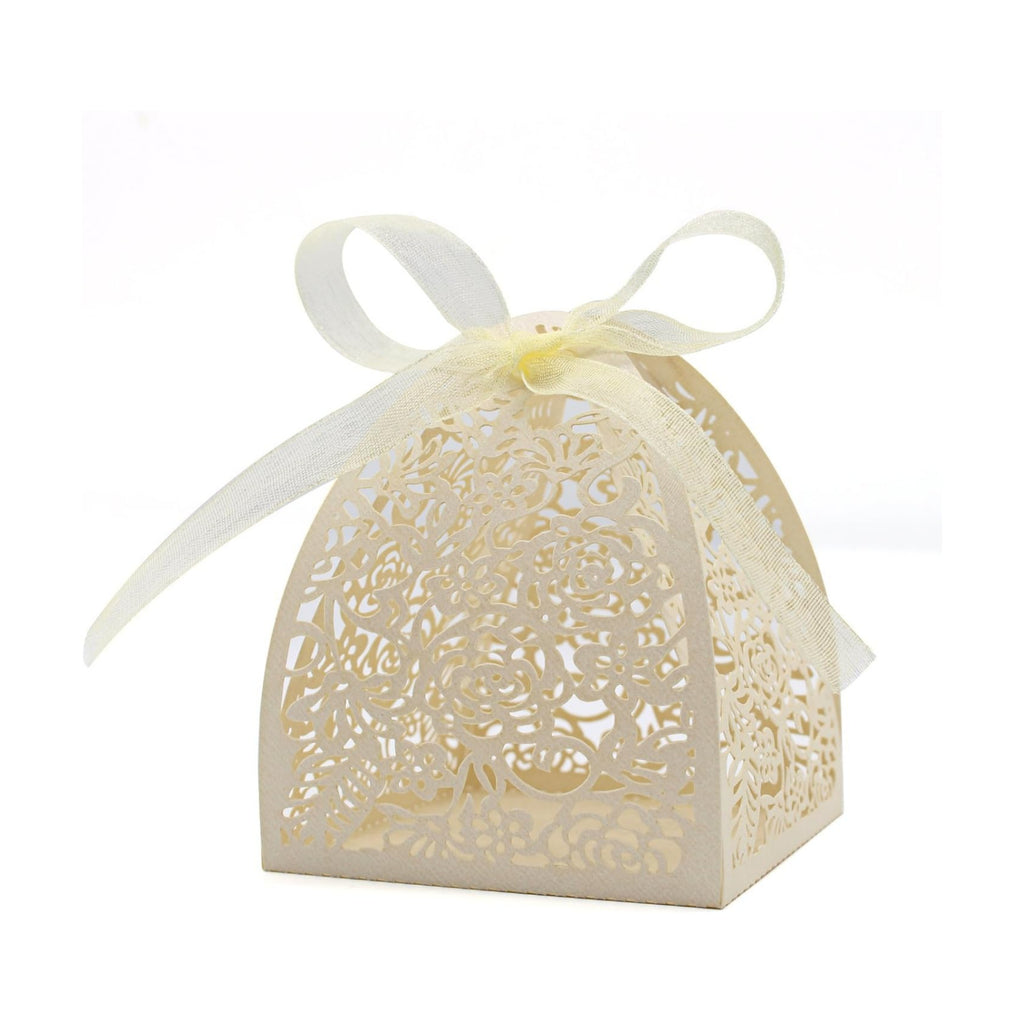 KPOSIYA Pack of 70 Laser Cut Rose Candy Boxes, Favor Boxes 2.5"x 2.5"x 3.1", Gift Boxes Bridal Shower Anniverary Birthday Party Wedding Favor (Beige)