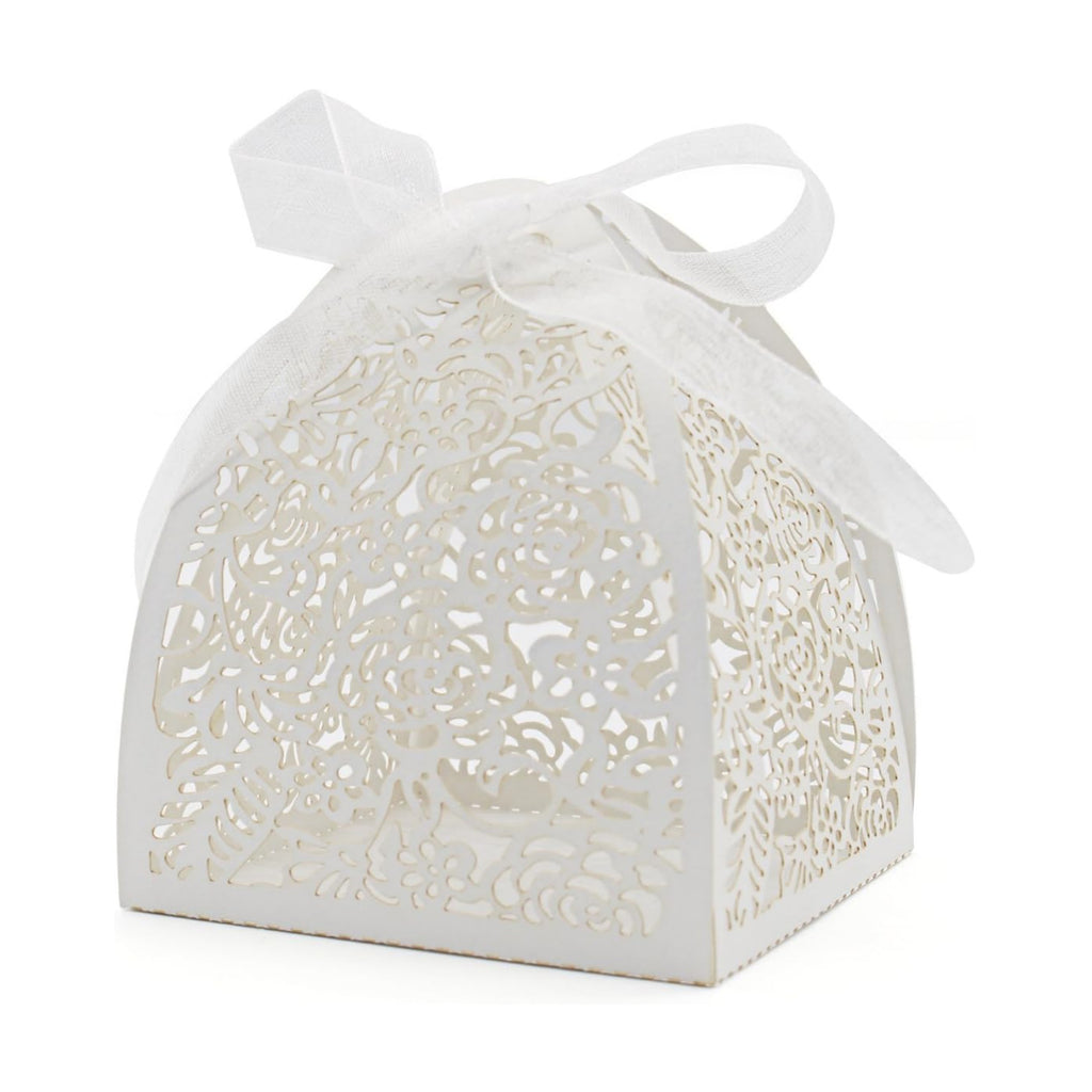 KPOSIYA Pack of 70 Laser Cut Rose Candy Boxes, Favor Boxes 2.5"x 2.5"x 3.1", Gift Boxes Bridal Shower Anniverary Birthday Party Wedding Favor (White)