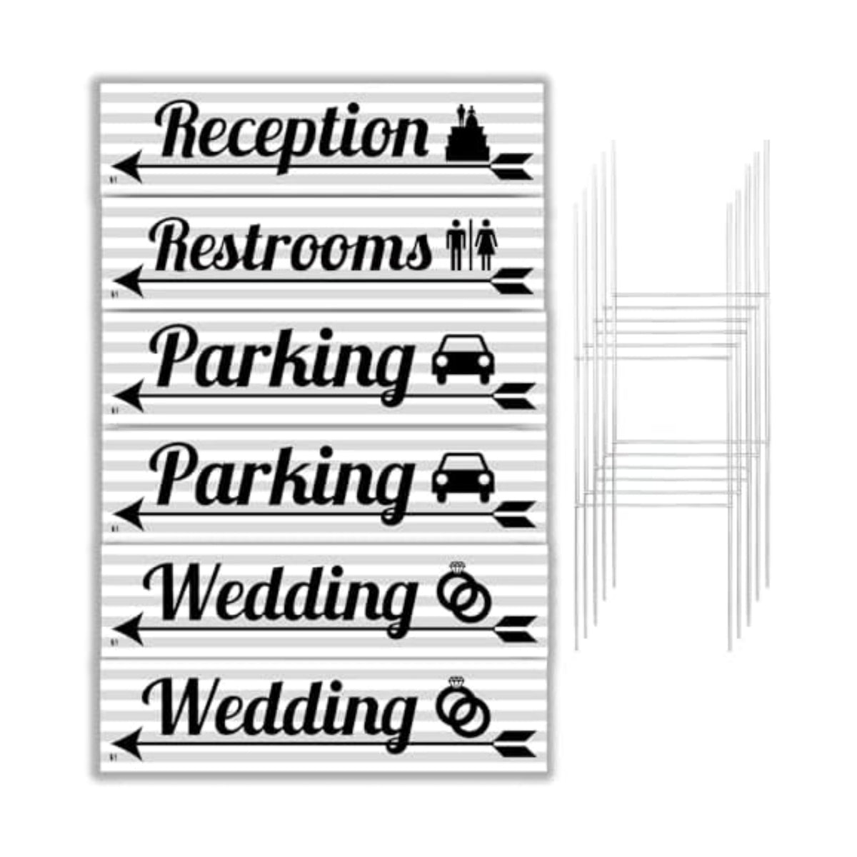 Wedding Signs 6 Pack | Grey and White Striped with Black Writing | 6 x 24 inch Lawn Signs with H-stakes | Wedding, Parking, Restrooms, and Reception