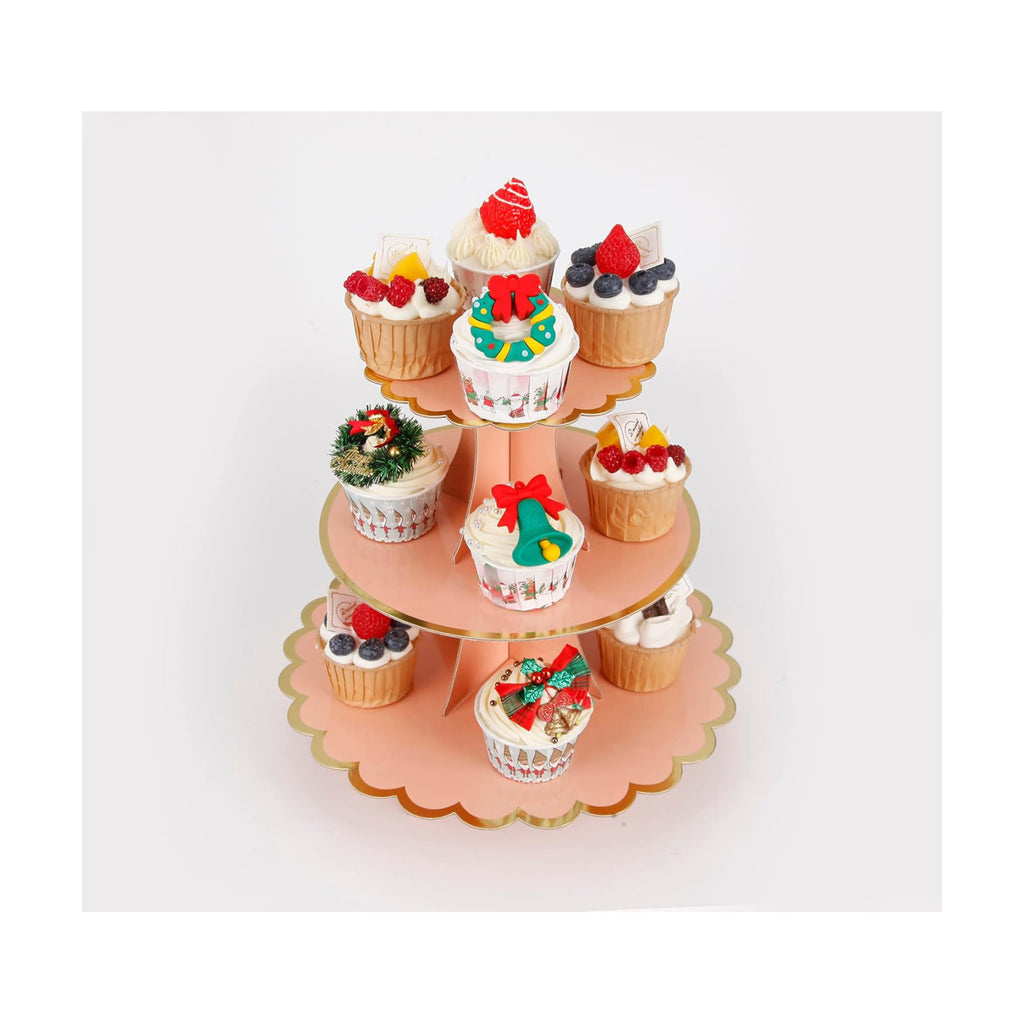 YLDW Cupcake Stand with Lace Trim, 3-Tier Cupcake Stand Display, Cardboard Cup Cake Tower Stand, Disposable Dessert Stand for Birthday Tea Party Baby Shower Treat Decorations, Orange Pink