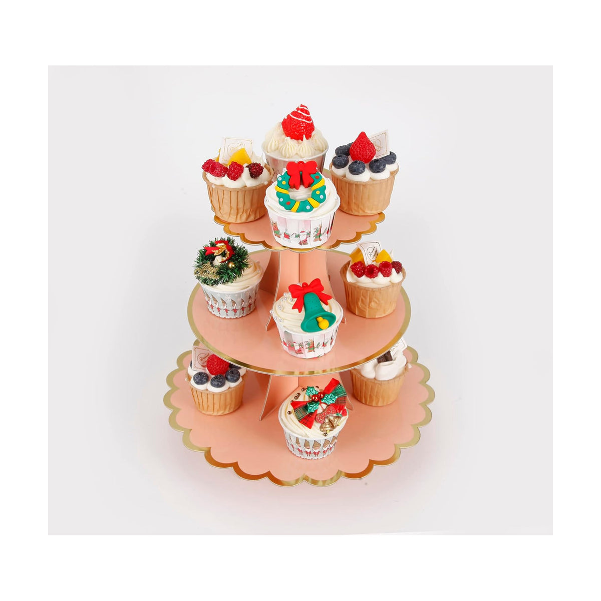 YLDW Cupcake Stand with Lace Trim, 3-Tier Cupcake Stand Display, Cardboard Cup Cake Tower Stand, Disposable Dessert Stand for Birthday Tea Party Baby Shower Treat Decorations, Orange Pink