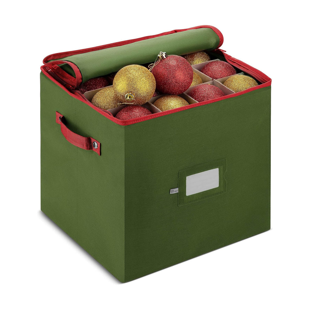 ZOBER Christmas Ornament Storage Box - Stores 64 3" Ornaments, With Dividers - Ornament Organizer Storage Box, Durable Christmas Containers Holder, Dual Zipper - Green