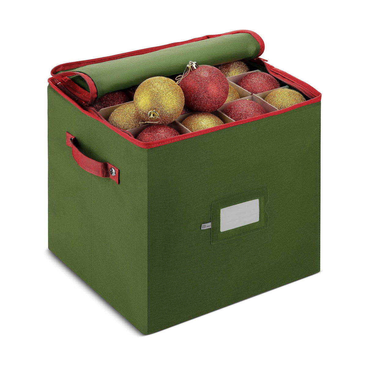 ZOBER Christmas Ornament Storage Box - Stores 64 3" Ornaments, With Dividers - Ornament Organizer Storage Box, Durable Christmas Containers Holder, Dual Zipper - Green