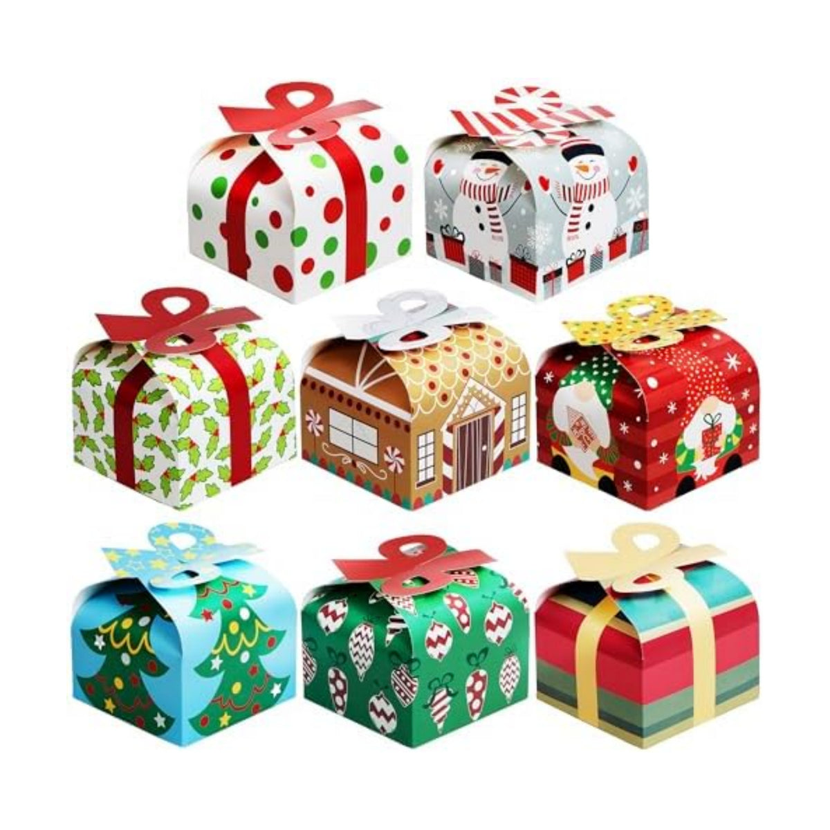 JOYIN 24 PCS 3D Christmas Goody Gift Boxes with Bow for Holiday Xmas Goodie Paper Boxes, School Classroom Party Favor Supply, 6” x 6” x 5.5” 8 Designs Candy Treat Cardboard Cookie Box for Gift Giving