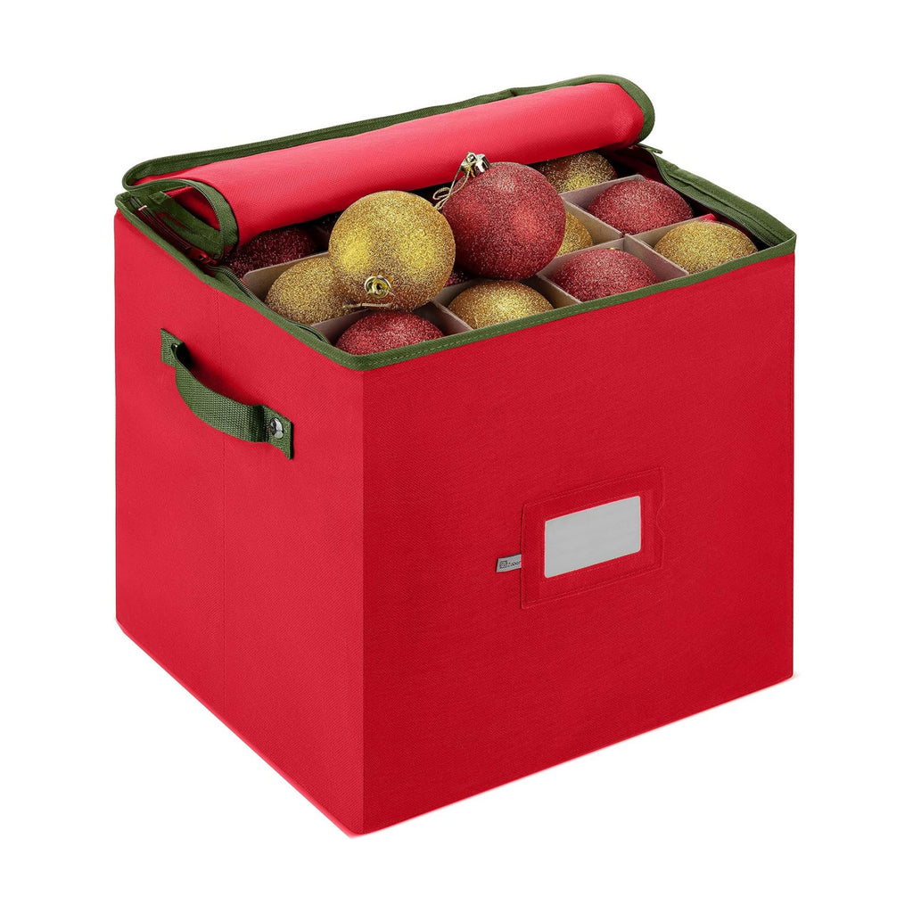 ZOBER Christmas Ornament Storage Box - Stores 64 3" Ornaments, With Dividers - Ornament Organizer Storage Box, Durable Christmas Containers Holder, Dual Zipper - Red