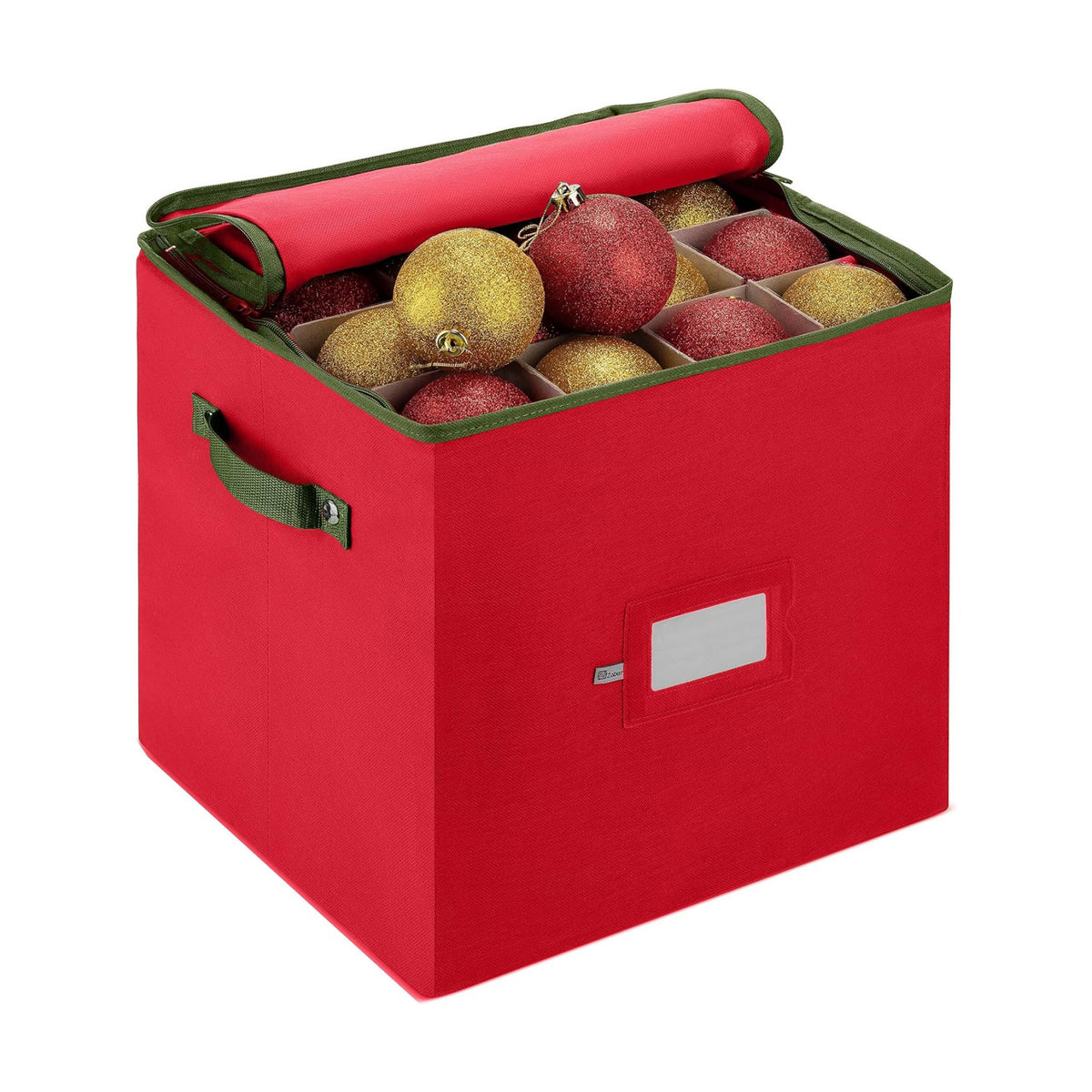 ZOBER Christmas Ornament Storage Box - Stores 64 3" Ornaments, With Dividers - Ornament Organizer Storage Box, Durable Christmas Containers Holder, Dual Zipper - Red