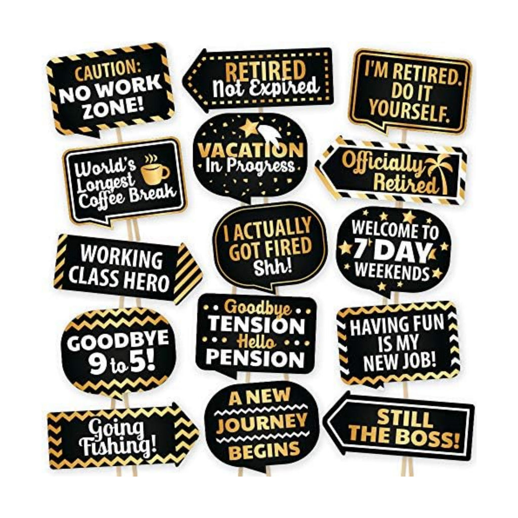 PartyGraphix Retirement Photo Booth Props - European Made Retirement Party Supplies - Easy to Assemble Selfie Props - Decorations Kit Includes 15 Pieces