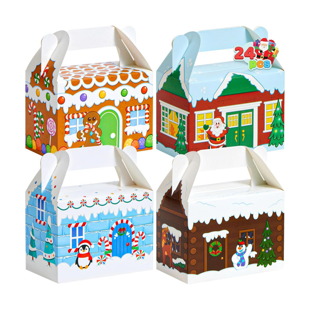 JOYIN 24 PCS 3D Christmas House Cardboard Treat Boxes for Holiday Xmas Goody Gift, Goodie Paper Boxes, School Classroom Party Favor Supplies, 4 Designs Candy Treat Cardboard Cookie Boxes