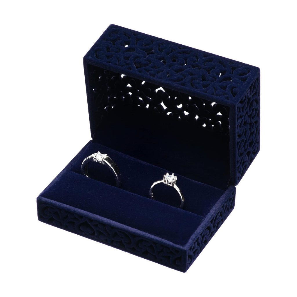 Hollow Velvet Ring Box Velvet Jewelry Box for Rings Couple Double Ring Bearer Box Engagement Gift (Dark Blue)