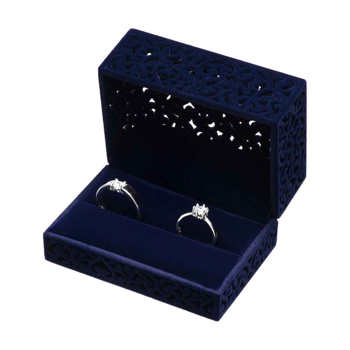 Hollow Velvet Ring Box Velvet Jewelry Box for Rings Couple Double Ring Bearer Box Engagement Gift (Dark Blue)