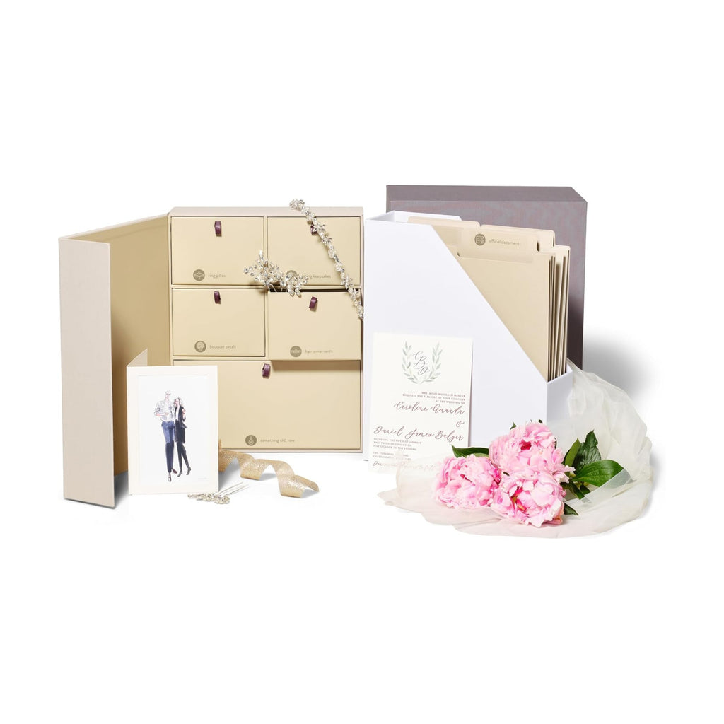 Savor | Deluxe Wedding Keepsake Box with 52 Labels, 6 Drawers, and 8 Vertical Files | Acid-Free Memory Organizer for Wedding Day, Bridal Shower & Anniversary (Slate, Laura Font)