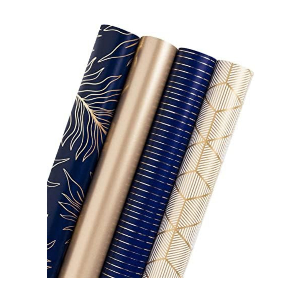 WRAPAHOLIC 30 Inch Navy Wrapping Paper - Jumbo Roll Gold and Navy Print with Cut Lines for Christmas, Birthday, Holiday, Father's Day, Baby Shower - 4 Rolls - 30 Inch x 120 Inch Per Roll