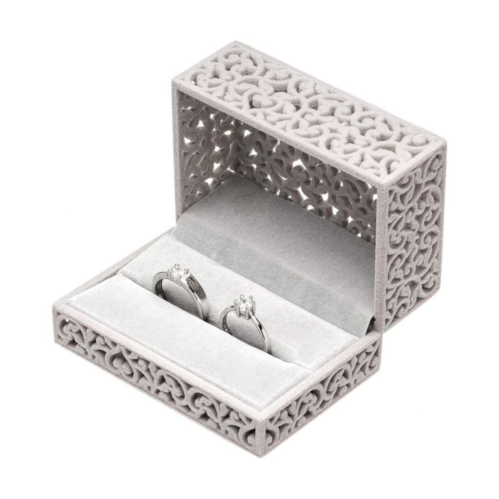 Hollow Velvet Ring Box Velvet Jewelry Box for Rings Couple Double Ring Bearer Box Engagement Gift (Gray)