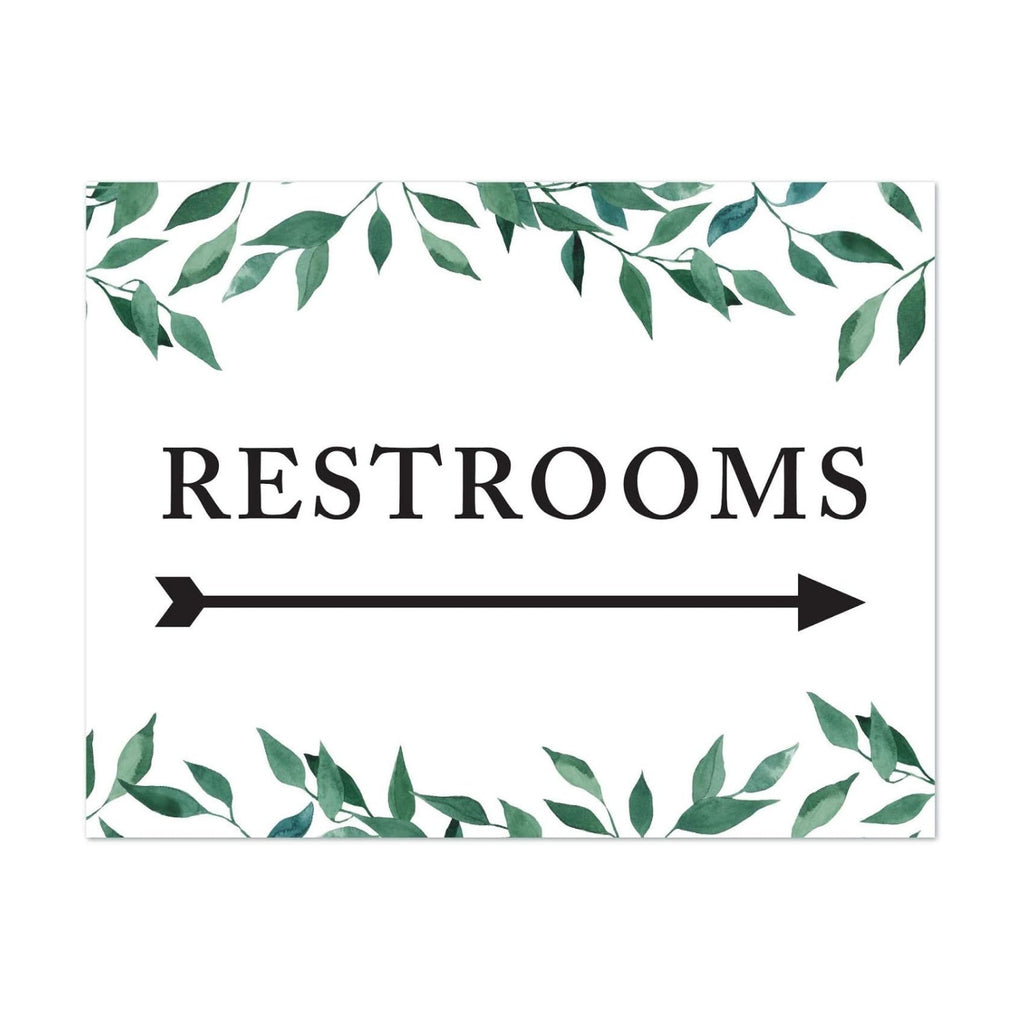 Andaz Press Wedding Party Directional Signs, Natural Greenery Green Leaves, 8.5x11-inch, Double-Sided, Restrooms with Big Arrow, 1-Pack