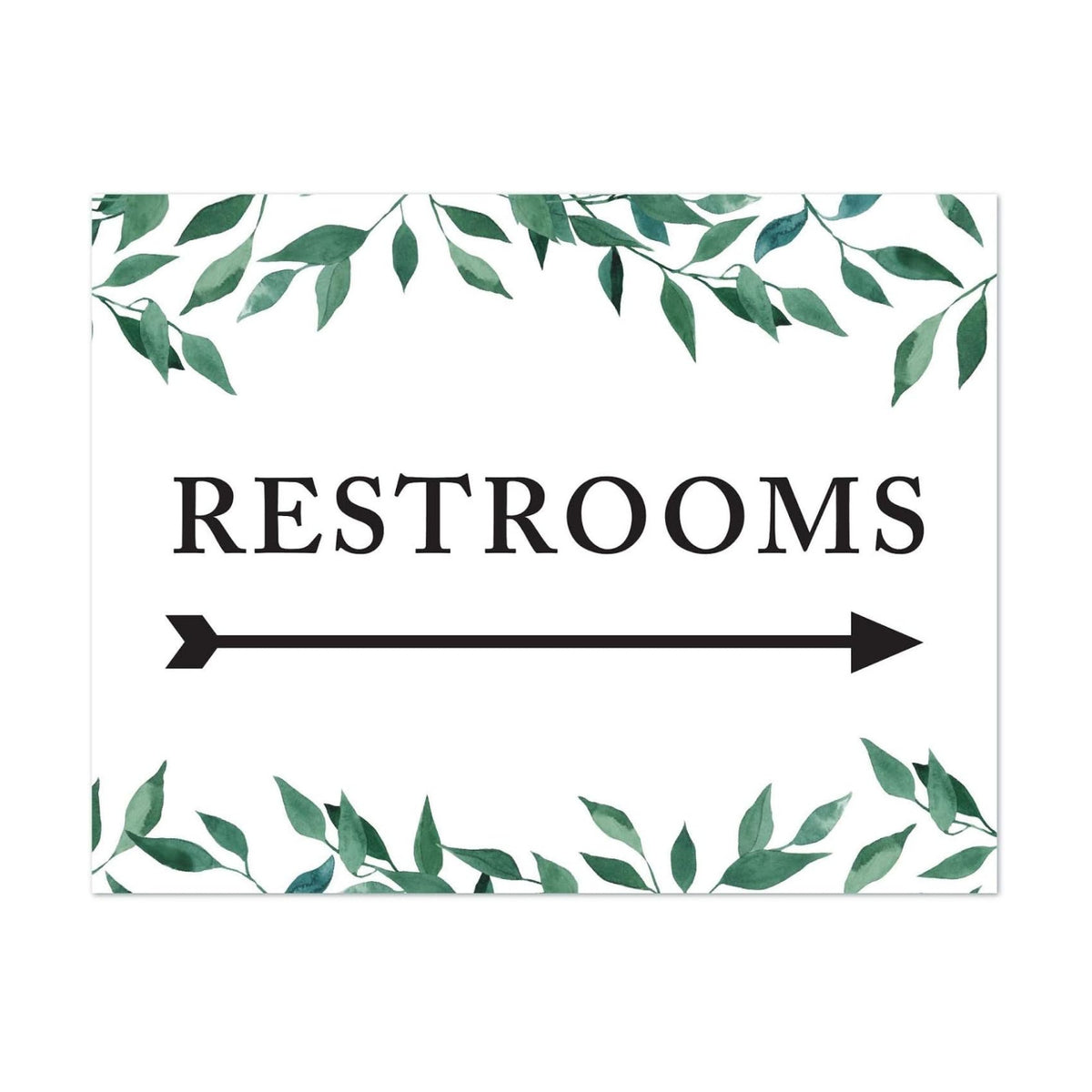 Andaz Press Wedding Party Directional Signs, Natural Greenery Green Leaves, 8.5x11-inch, Double-Sided, Restrooms with Big Arrow, 1-Pack