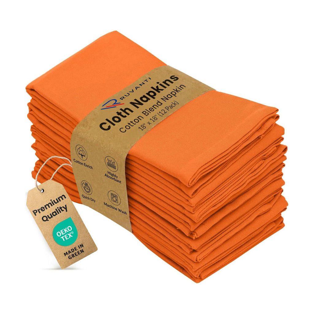 Ruvanti Cloth Napkins Set of 12, Cotton Enrich 18”x18” - Orange/Fall