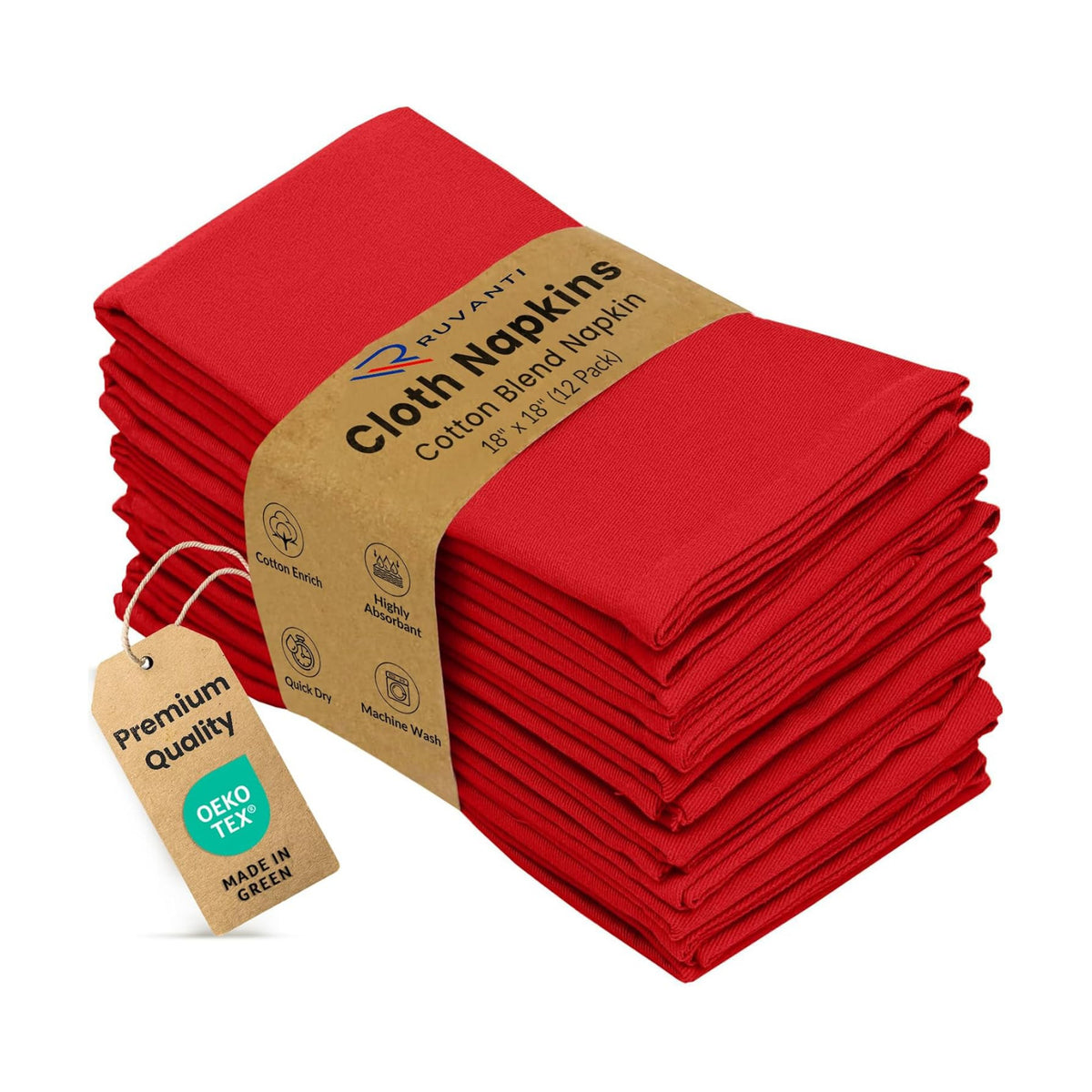 Ruvanti Cloth Napkins Set of 12, Cotton Enrich 18”x18” - Red