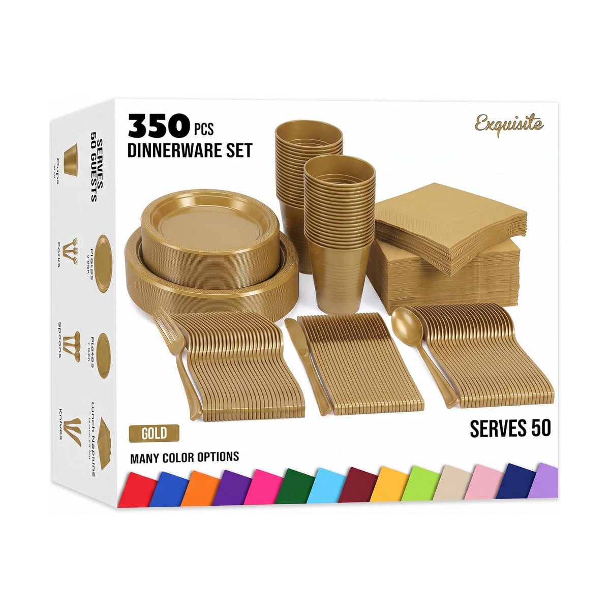 350 Pcs Gold Plastic Plates for Party Gold Disposable Plates Set 50 of Each 9 Dinner Plate Set 7 Dessert Plate Cups Napkins & Cutlery Plastic Dinnerware Set Exquisite