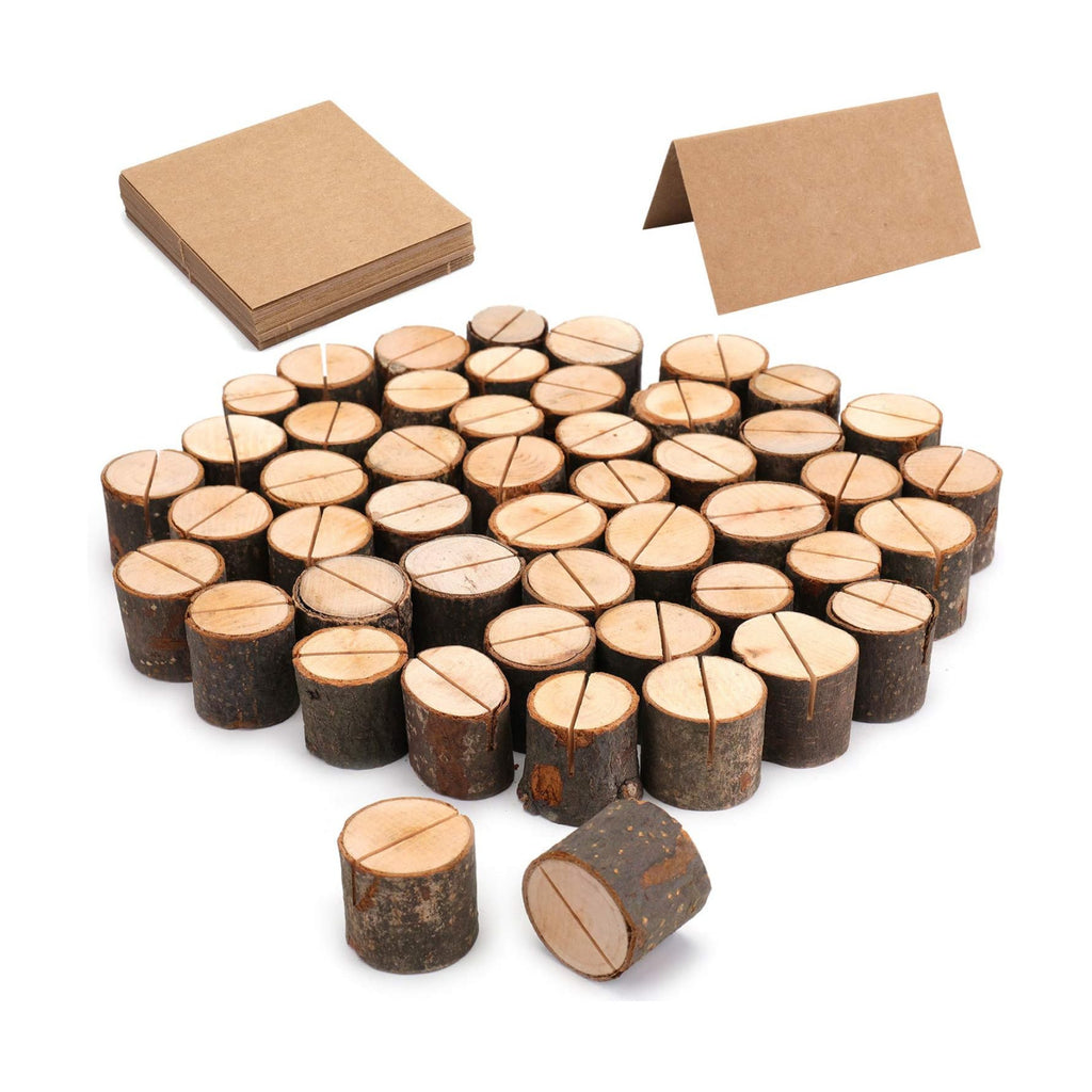 Tosnail 50 Pieces Wooden Place Card Holders with 50 Kraft Paper Cards, Rustic Wood Table Number Stands, Photo Holder for Wedding Party Decoration, Photo Display