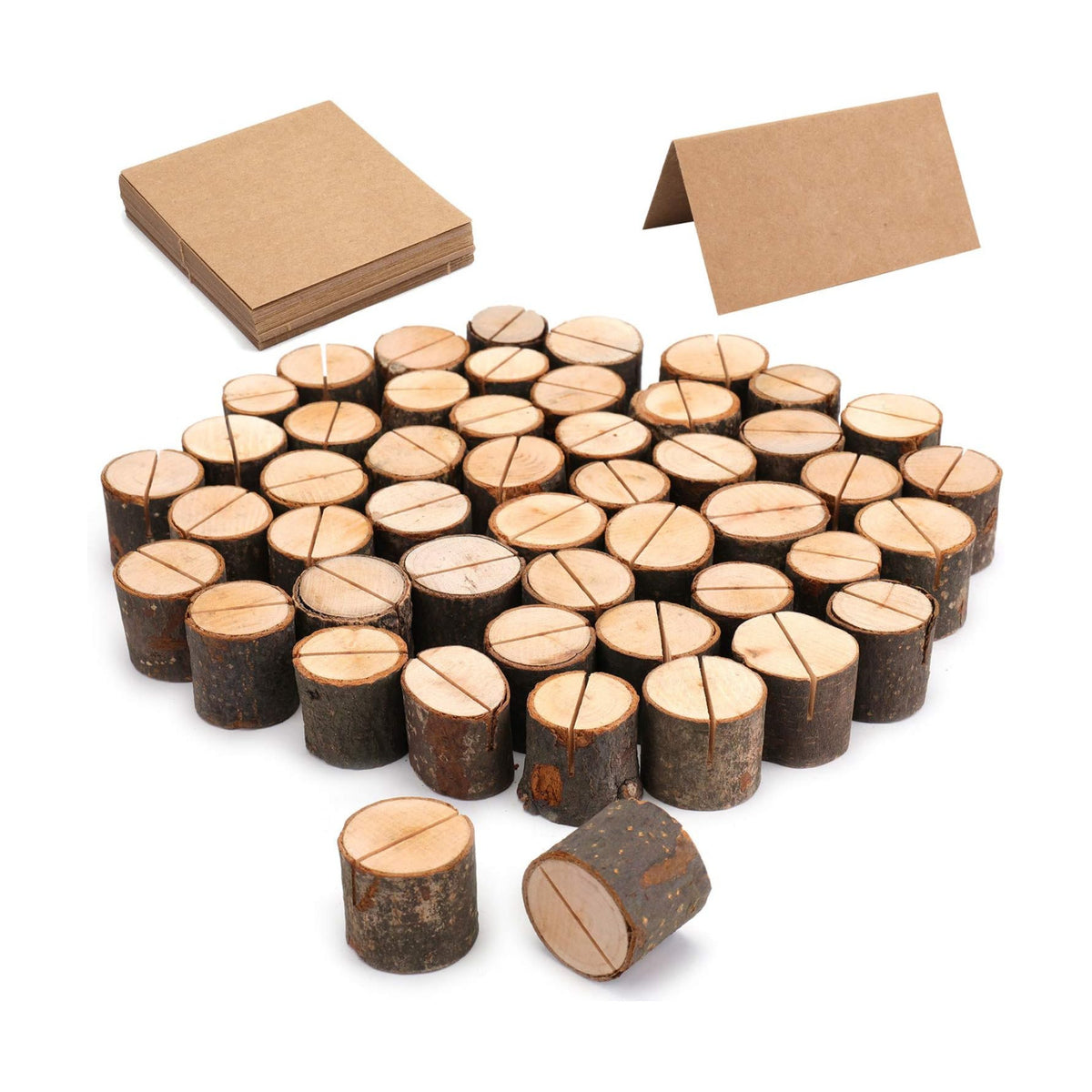 Tosnail 50 Pieces Wooden Place Card Holders with 50 Kraft Paper Cards, Rustic Wood Table Number Stands, Photo Holder for Wedding Party Decoration, Photo Display