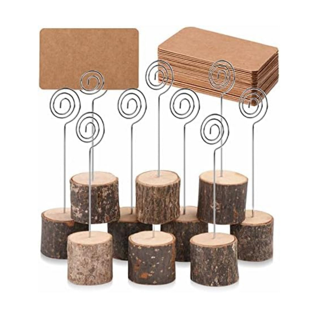 Toncoo 10Pcs Premium Wood Place Card Holders with Swirl Wire and 20 Pcs Kraft Place Cards, Rustic Wood Table Number Holders Stands, Name Cards Photo Holders for Wedding Party Sign Food Cards Label